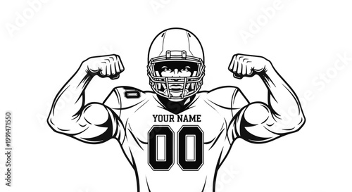 Strong Football Player Flexing Muscles with Helmet and Jersey Displaying 00