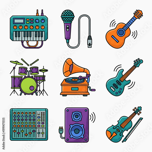 Vibrant Musical Instruments and Audio Studio Equipment Icon Collection