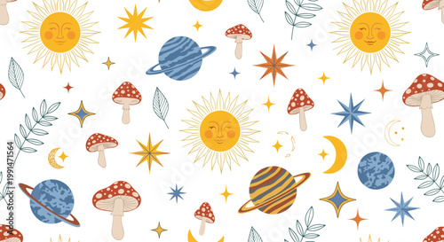 Whimsical celestial seamless pattern featuring smiling suns ringed planets crescent moons stars and spotted mushrooms on white.