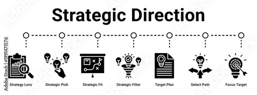 Strategic Direction web banner icon vector illustration concept for business with icon of Strategy Lens, Strategic Pick, Strategic Fit, Strategic Filter, Target Plan, Select Path, Focus.