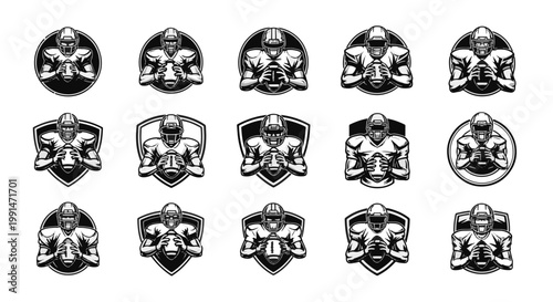 American Football Player Silhouette Collection in Circular and Shield Emblems
