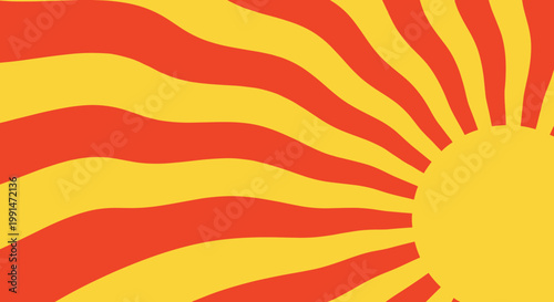 Dynamic sunburst background featuring bold red and orange wavy rays radiating from a large yellow sun in the bottom corner.