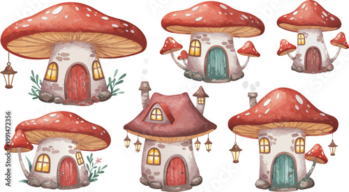 Whimsical illustration of six fantastical mushroom houses with colorful doors and windows on a white background