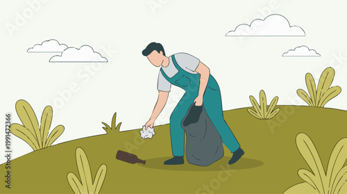 Φωτογραφία Man picking up litter in a park, contributing to environmental cleanup