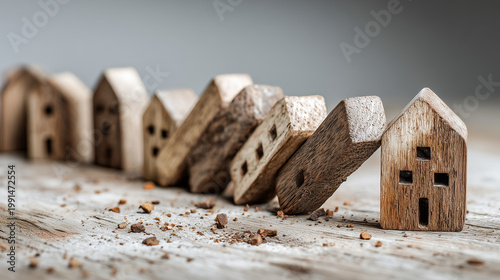 Property Crisis Concept with Wooden Houses Toppling Down