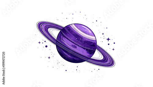 A beautifully illustrated purple planet with prominent rings and sparkling stars against a white background.