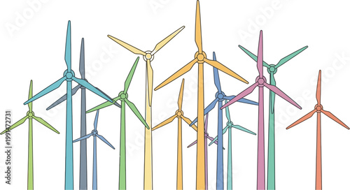 Colorful wind turbines farm renewable energy concept vector drawing