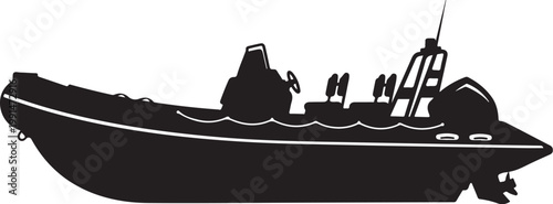 Black boat silhouette, fishing vessel, speedboat icon, watercraft