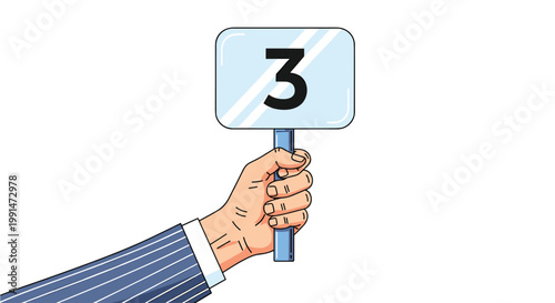 Hand of a person in a pinstripe suit holding up a square score card with the number three for competition judging or rating performance.