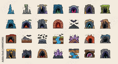 Schilderij op canvas Collection of Fantasy Cave Entrance Illustrations.