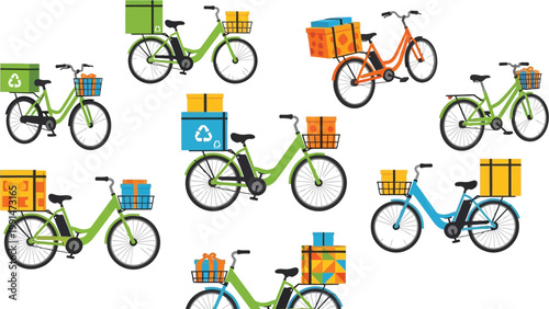 Eco friendly electric delivery bicycles with cargo boxes illustration