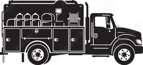 Fire truck, emergency vehicle, rescue truck, black silhouette, vector illustration
