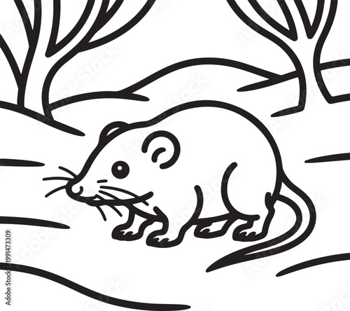 Simple black and white line of a small mouse standing in a field with bare tree trunks