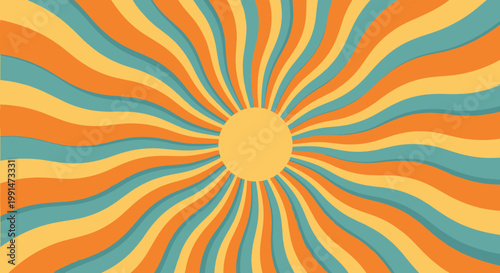 Retro sunburst background featuring colorful wavy rays of orange blue and yellow radiating from a center for nostalgic sixties style designs.