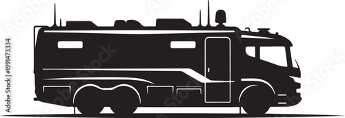Motorhome, RV, camper van, recreational vehicle, travel trailer, silhouette, vector
