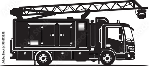 Fire truck, fire engine, emergency vehicle, rescue truck, black and white vector