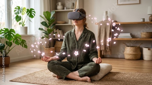 Virtual reality meditation experience cozy living room digital art relaxation immersion
