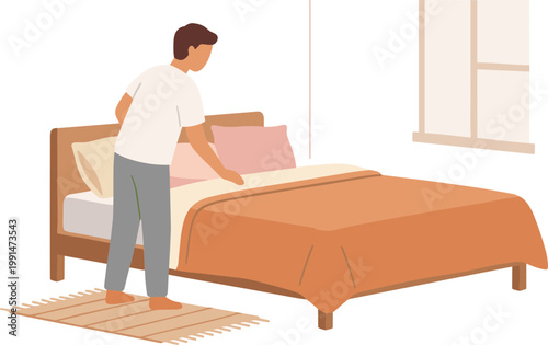 Man making bed in bedroom with brown furniture and orange sheets