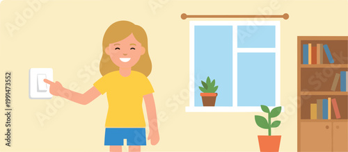 A young girl turns on a light switch in a room with a window and bookshelf.