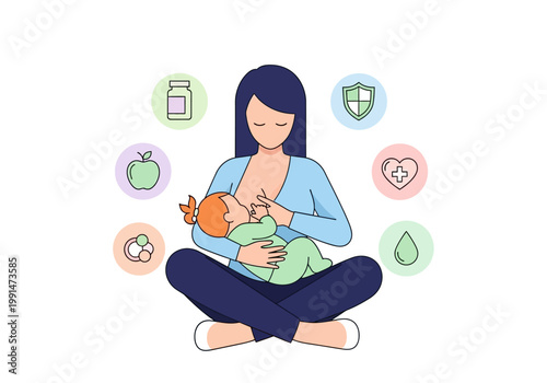 Mother Breastfeeding Infant with Health and Nutrition Icons Flat Vector Illustration