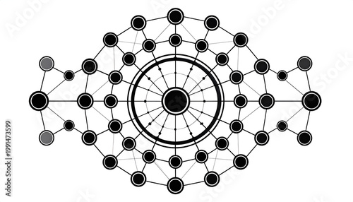 A complex network diagram features interconnected circles and radial lines, creating a visually striking abstract composition.