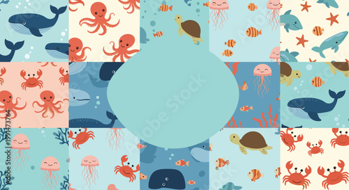 Cute underwater world pattern featuring whales, turtles, octopuses, and jellyfish with a central blank frame for customized text.