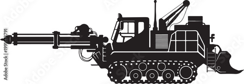 Heavy duty drilling rig, industrial excavator, construction equipment, black silhouette, vector illustration