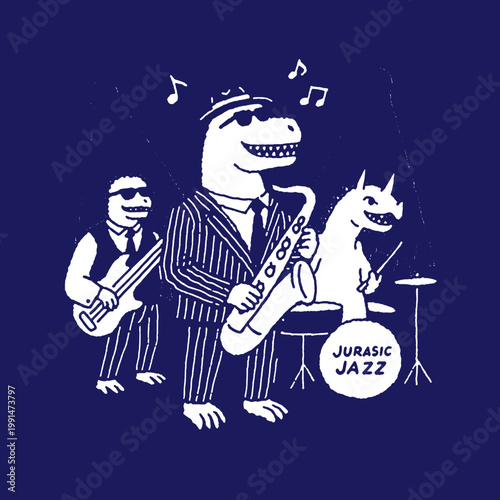 Jurassic jazz band performing a lively tune in vintage style with playful animal musicians