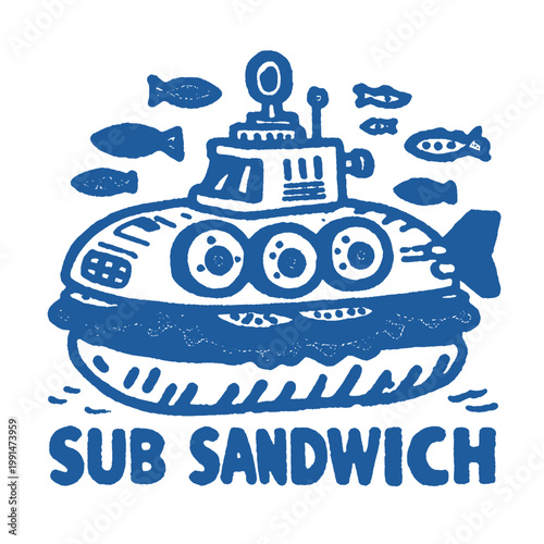 Funny vintage print featuring a playful sub sandwich design with a whimsical submarine for a unique t-shirt statement