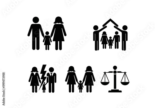 Family Law and Divorce Icon Set Featuring Diverse Family Structures and Justice Scales