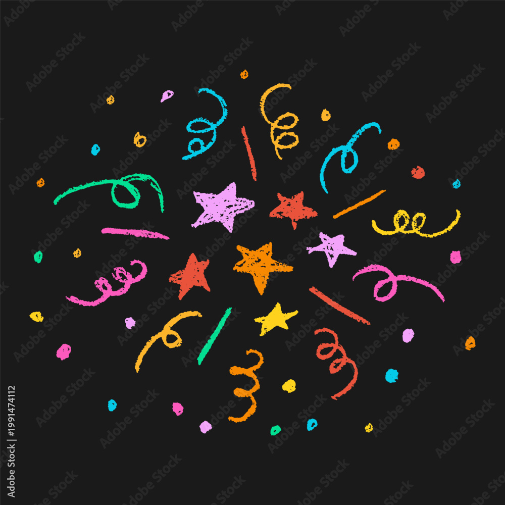 Fototapeta premium Hand drawn firework element. Crayon or pencil doodle sketch with colorful stars and confetti