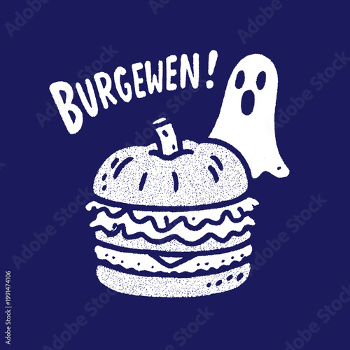 Vintage print featuring a playful ghost and burger with a humorous twist for quirky t-shirt lovers