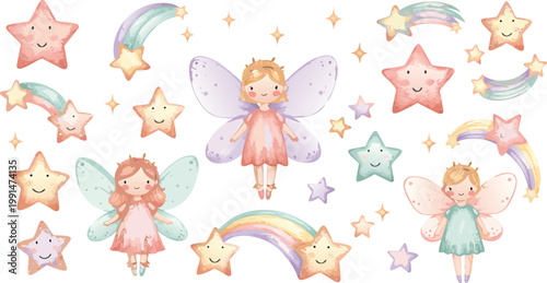 Whimsical illustration of fairies and magical stars and rainbows in pastel colors for kids or fantasy themes