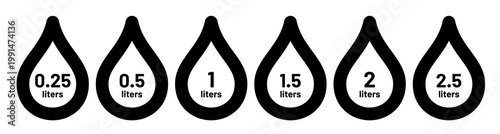Water capacity symbols set. Liquid drop icon collection with fluid volume in liters.