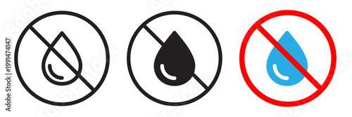 No water resistant sign. Water drop prohibited vector icon set.