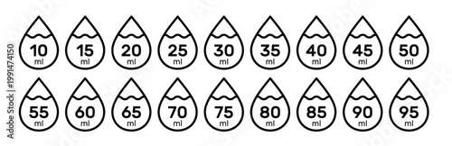 Water capacity symbols set 10 to 95 ml. Liquid drop icon collection with fluid volume in milliliters.