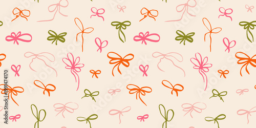 Seamless pattern with doodle coquette bows. Whimsical free hand gift ribbons