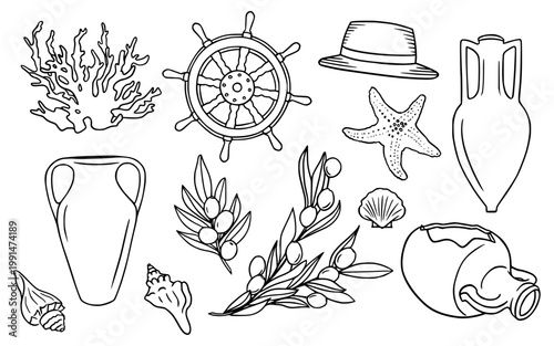 Mediterranean summer doodle elements collection. Whimsical black line vector art with sketch Greek amphorae, olives, seashells, corals, etc.