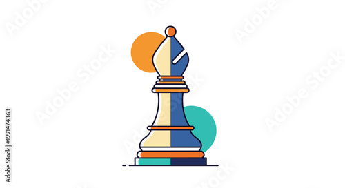 Creative illustration of a chess bishop piece in a split blue and white color scheme decorated with modern abstract circles.