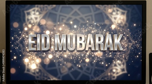 Shiny 3D 'Eid Mubarak' Text with Golden Glow, Sparkling Particles, and Islamic Geometric Pattern Background for Eid al-Adha
