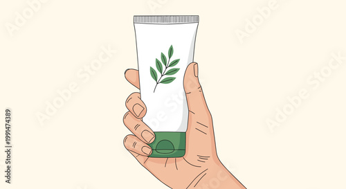 Hand holding a white cosmetic tube with a green leaf design symbolizing natural skincare and organic beauty products.