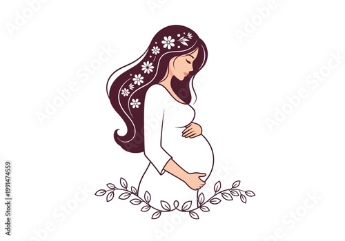 Elegant Illustration of a Pregnant Woman with Floral Hair Decoration - Minimalist Maternity and Motherhood Concept Art on White Background