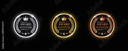 Gold Silver Bronze Award Medal Set Shiny Winner Badge with Laurel Wreath Crown Luxury Ceremony Reward Emblem on Dark Background Vector Illustration