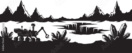 Black landscape silhouette, mountain range, desert plants, robotic dinosaur, futuristic scenery, vector illustration