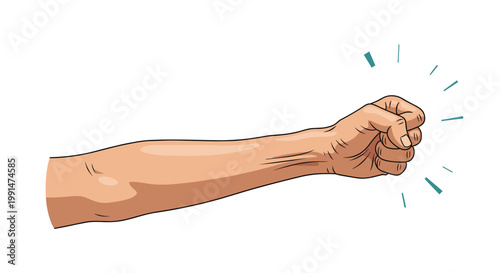 Strong arm and clenched fist shown in profile with small impact lines symbolizing power, strength, and determination on white.
