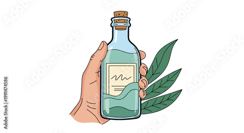 Hand holding a glass potion bottle with a cork stopper and green leaves representing herbal medicine and natural essences.