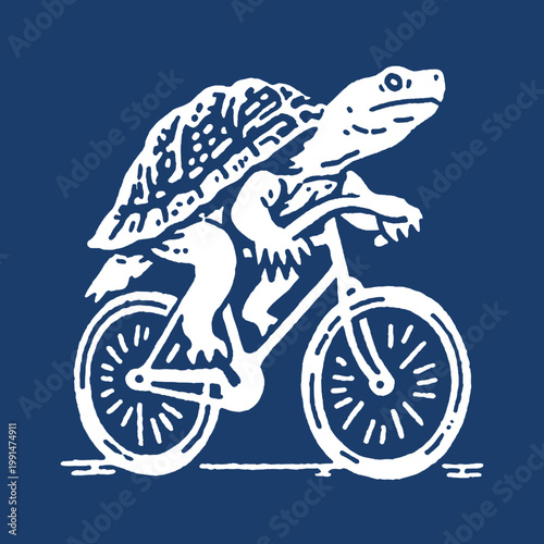 Quirky vintage illustration of a turtle riding a bicycle, perfect for a funny and playful t-shirt design