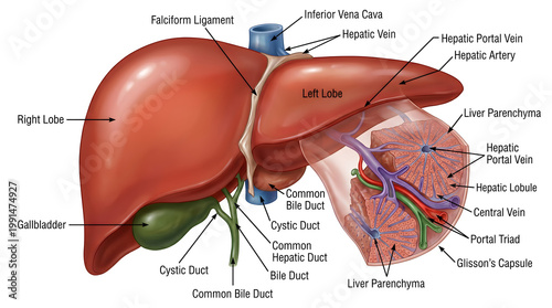 Cross‑sectional anatomy of the human liver illustrating right and left lobes, gallbladder, hepatic artery, portal vein, hepatic vein, bile ducts and microscopic liver lobule with central vein, sinusoi