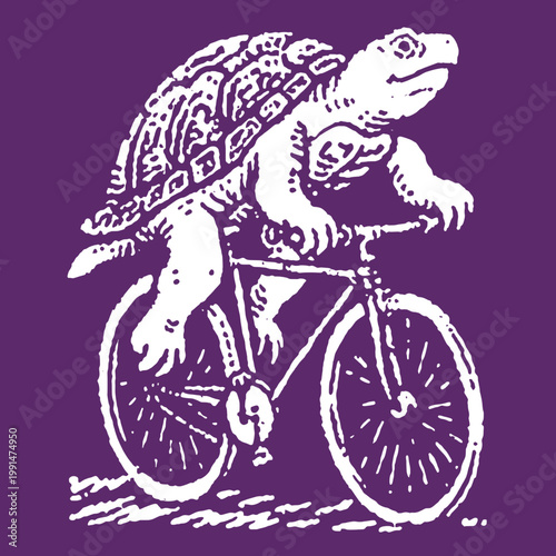 Vintage engraved illustration of a turtle riding a bicycle with a humorous twist for t-shirt design lovers