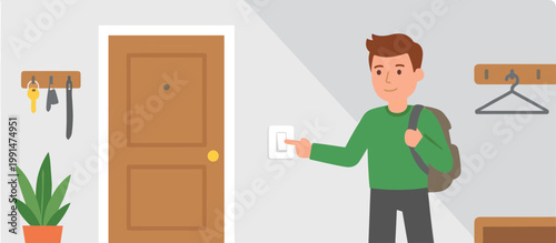 Man in green shirt leaves house with backpack and holds paper